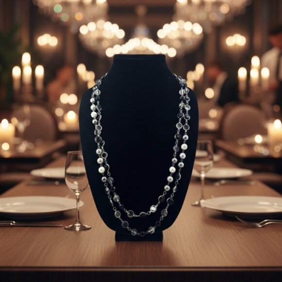 Premier Designs Long Necklace Faux Gray Pearls w/Clear & Black Gems 60” - Picture 1 of 8